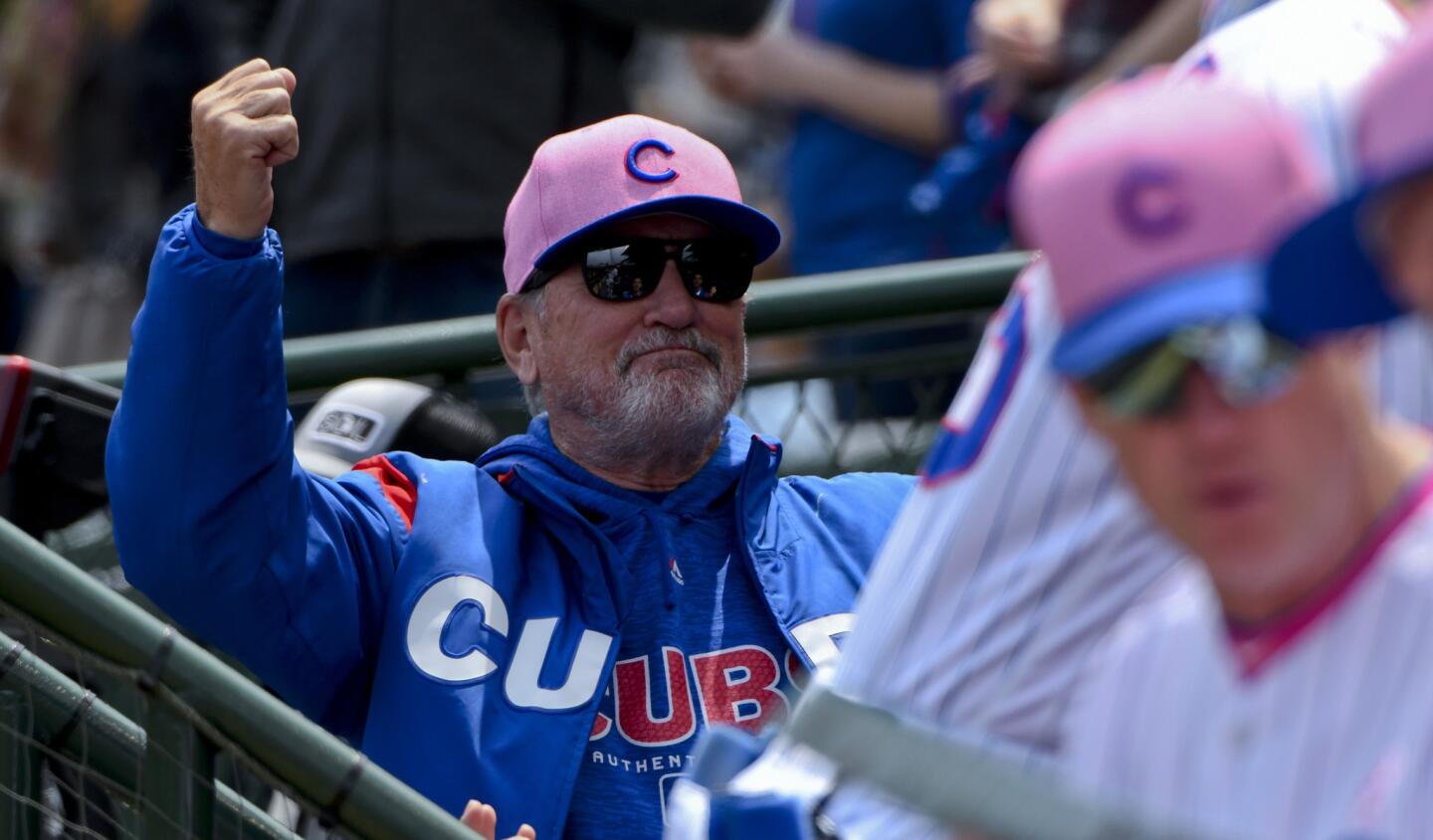 Cubs manager Joe Maddon (70) gestures before a game against the White Sox on Sunday, May 13, 2018, at Wrigley Field.
