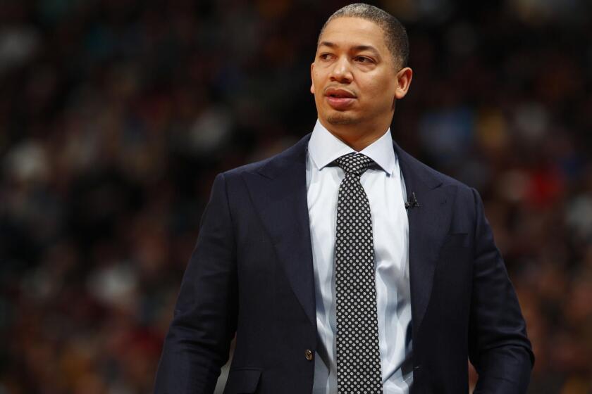 Cleveland Cavaliers head coach Tyronn Lue in the second half of an NBA basketball game Wednesday, March 7, 2018, in Denver. The Cavaliers won 113-108. (AP Photo/David Zalubowski)