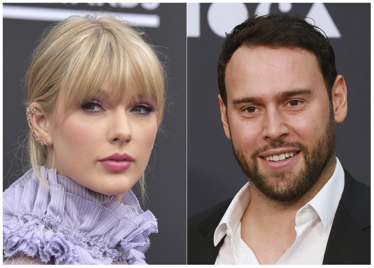 Taylor Swift and music manager Scooter Braun, who acquired Swift's back catalog in his purchase of Big Machine Label Group earlier this year.