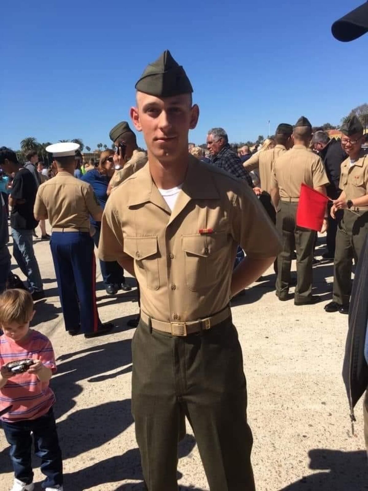Lance Cpl. Chase Sherwood, then holding the rank of private, at San Diego Marine Corps Recruit Depot graduation, April 2019.