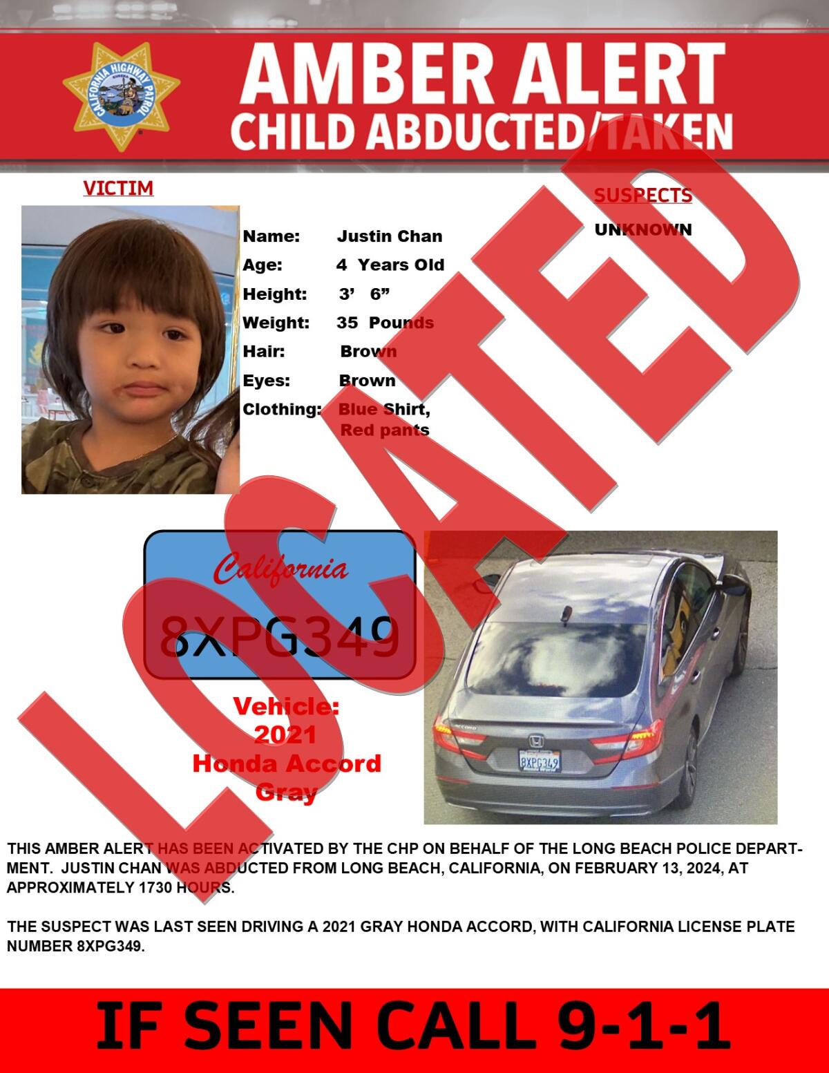 An Amber Alert circulated after 4-year-old Justin Chan was abducted during a car theft in Long Beach. 