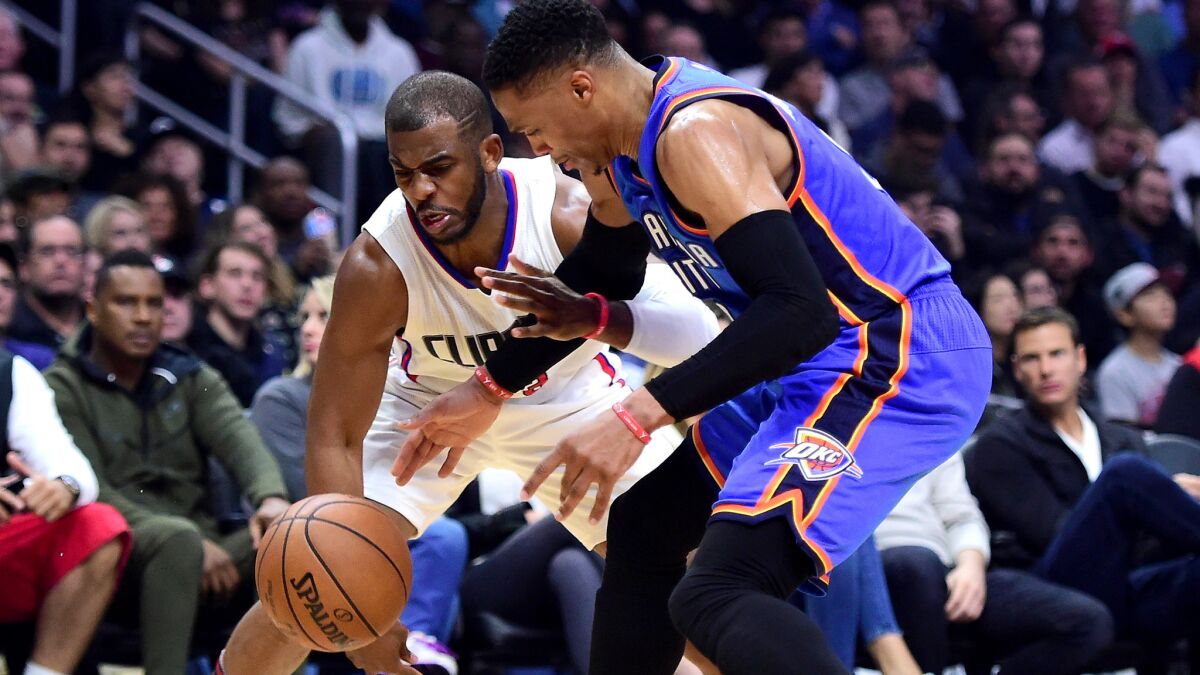 Clippers point guard Chris Paul knocks the ball away from Thunder point guard Russell Westbrook during the first half Monday night.