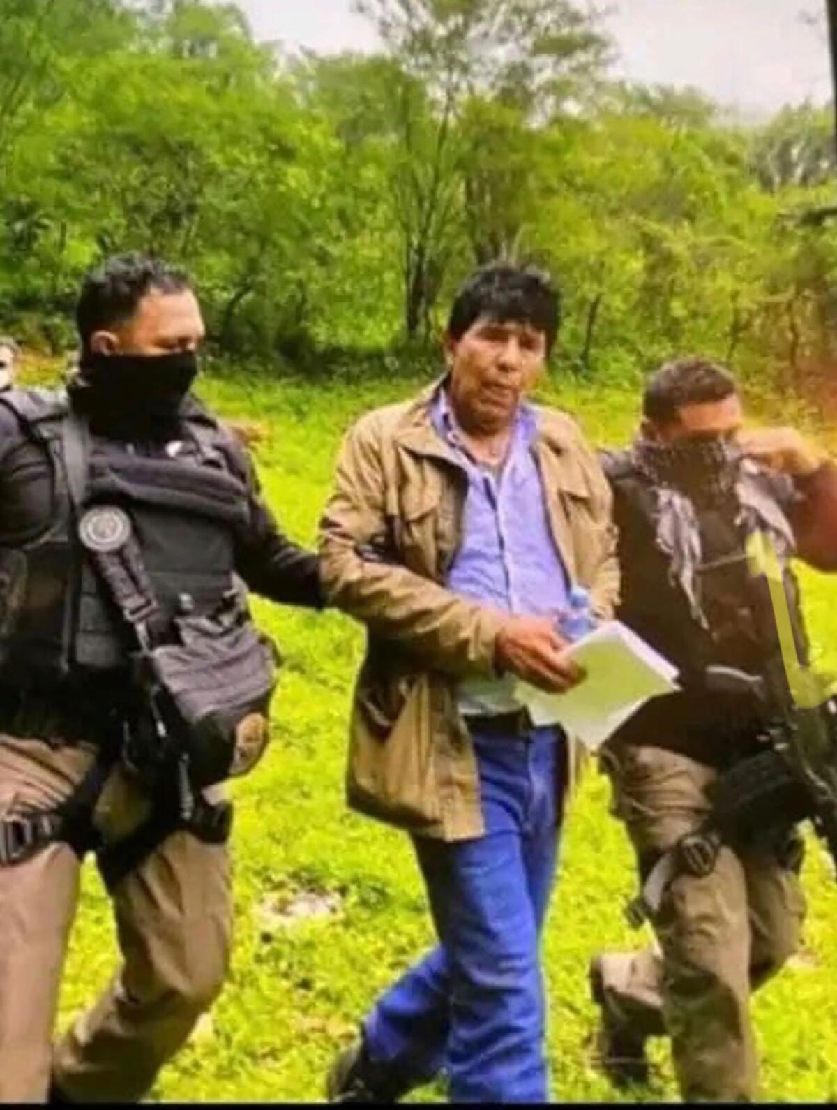In this government handout photo provided by Mexico's Secretariat of the Navy, agents escort drug trafficker Rafael Caro Quintero, in Sinaloa state, Mexico, Friday, July 15, 2022, captured deep in the mountains of his home state. It was a 6-year-old bloodhound named “Max” who rousted Caro Quintero from the undergrowth. (Mexico's Secretariat of the Navy via AP)