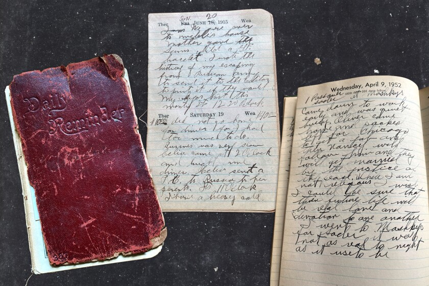 A worn-out journal cover and two journal pages with handwritten entries 