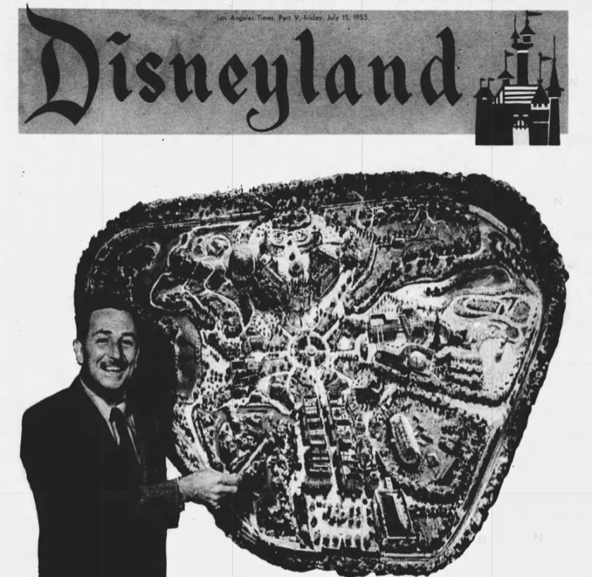 A newspaper page has a banner headline that says "Disneyland." Beneath is Walt Disney beside a large map of Disneyland.