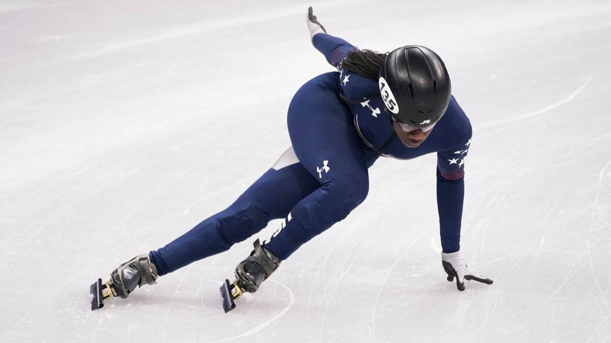 Maame Biney skates during a short track speed skating training session prior to the 2018 Winter Olympics in Gangneung, South Korea on Tuesday.