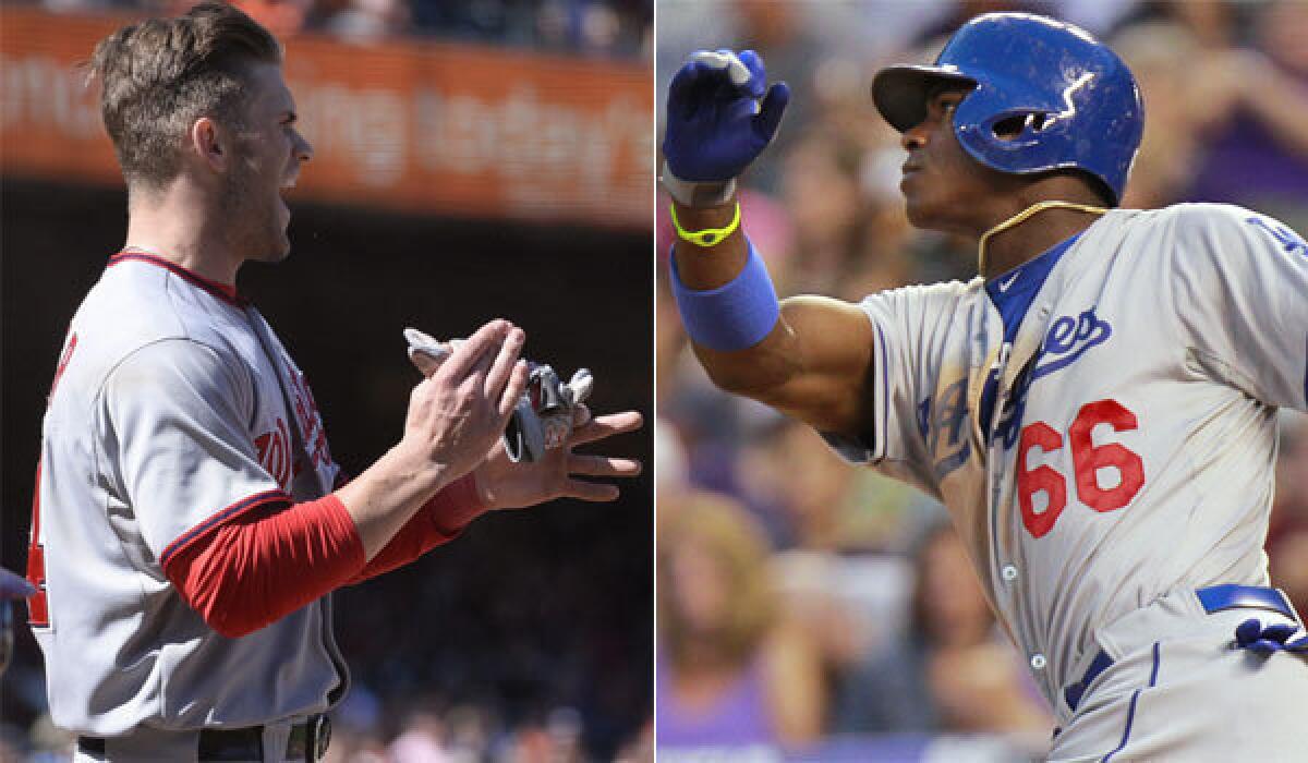 Washington's Bryce Harper, left, and the Dodgers' Yasiel Puig could battle it out for the fans' final All-Star vote.
