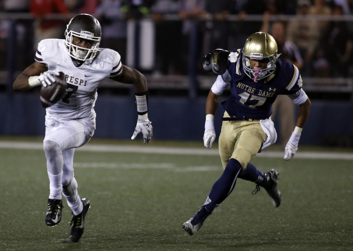 Crespi's Marvell Tell scores on a fake field goal during a game against Notre Dame on Oct. 17.
