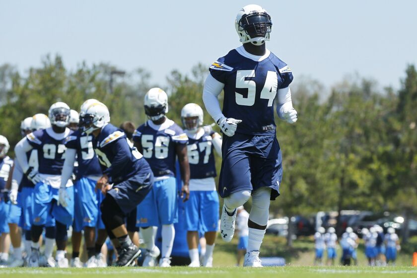 Chargers Melvin Ingram runs a drill during mini camp.