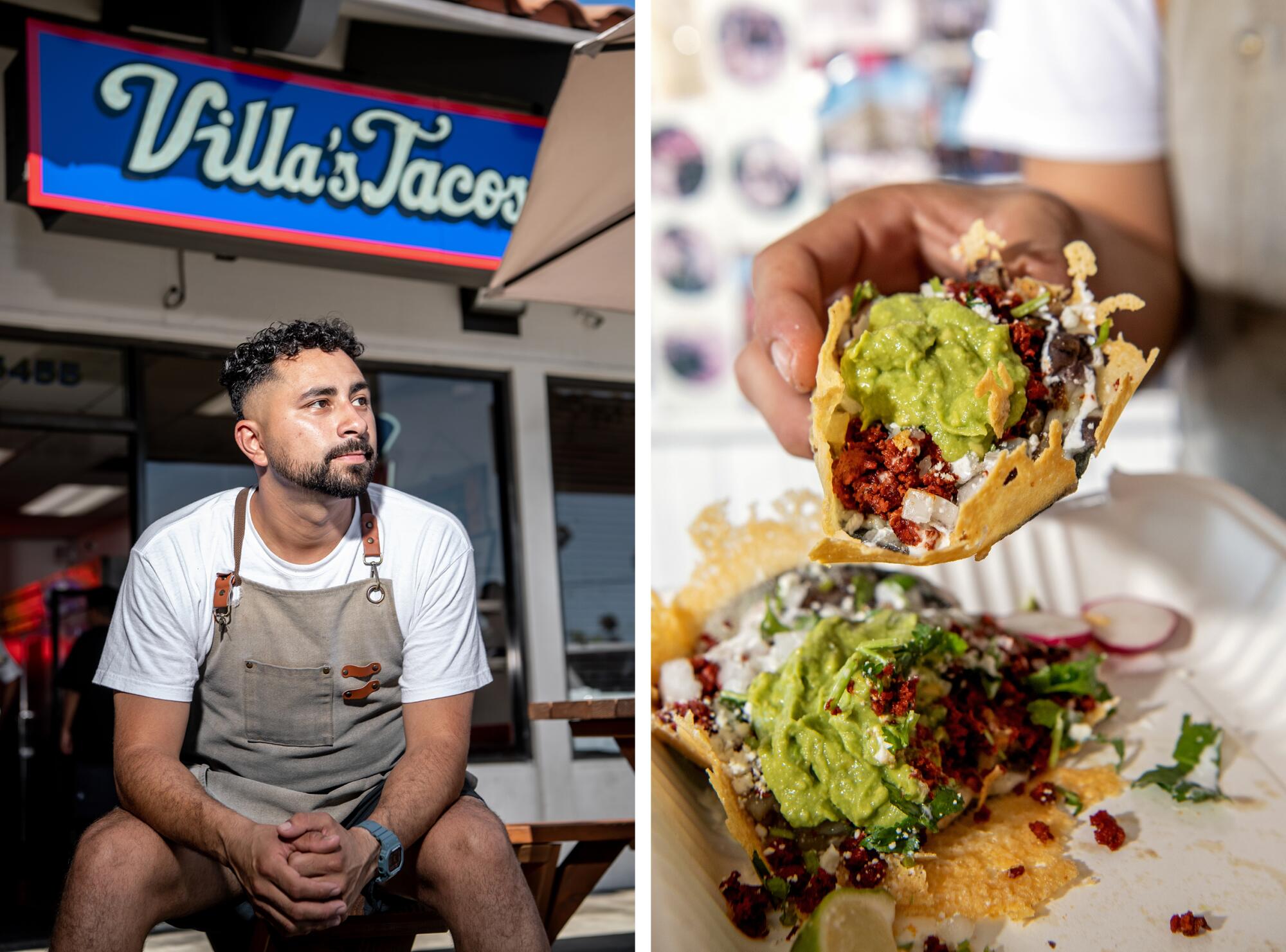 Victor Villa, owner of Villa's Tacos, left, is a cannonball of energy. Right: The Victor special, an off menu item.