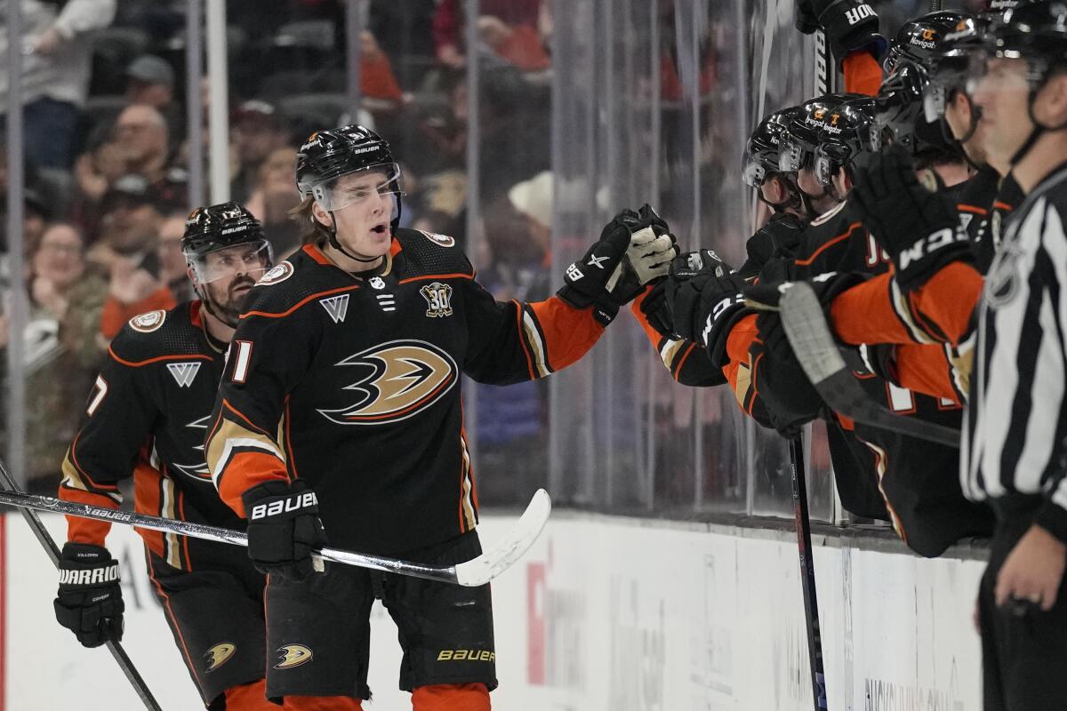 Ducks rookie center Leo Carlsson celebrates with teammates after scoring in the second period of a 6-3 loss.