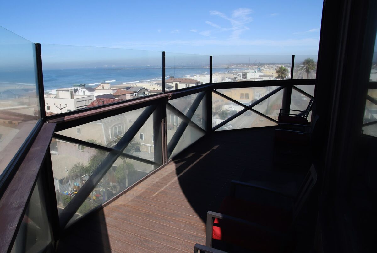 The outdoor deck with a view of the Pacific Ocean at the Water Tower House. 