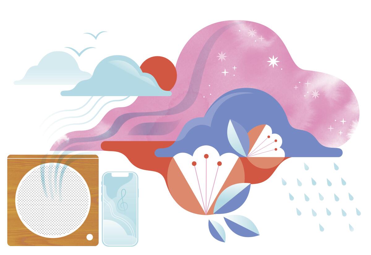An illustration showing music wafting from a speaker, the sun, birds and flowers then a small dark cloud with rain