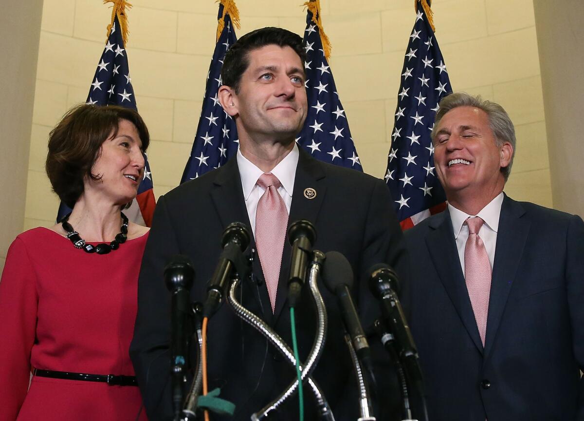 Rep. Paul D. Ryan (R-Wis.) is flanked by House Majority Leader Kevin McCarthy (R-Bakersfield) and Chairwoman of the House Republican Conference Cathy McMorris Rodgers (R-Wash.) at the Capitol.