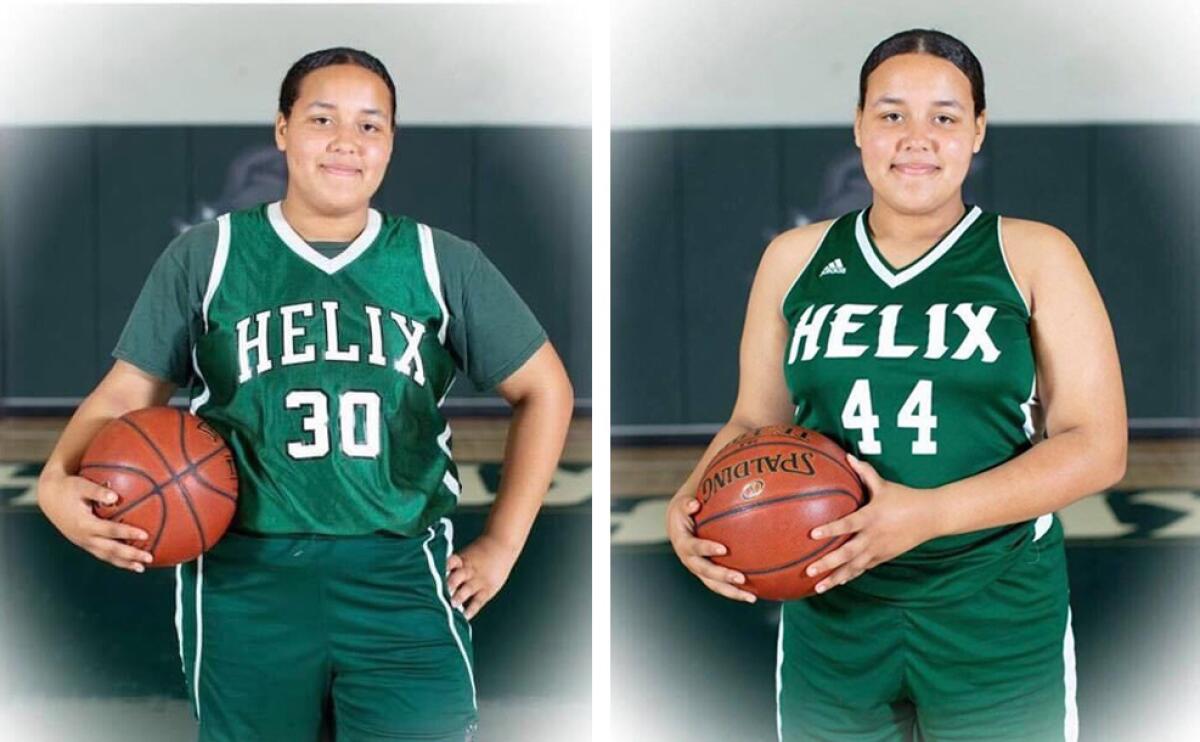 In a photos provided by a relative, Leah Christopher (left) and her twin sister, Caira, were photographed during Helix High School basketball team photos.