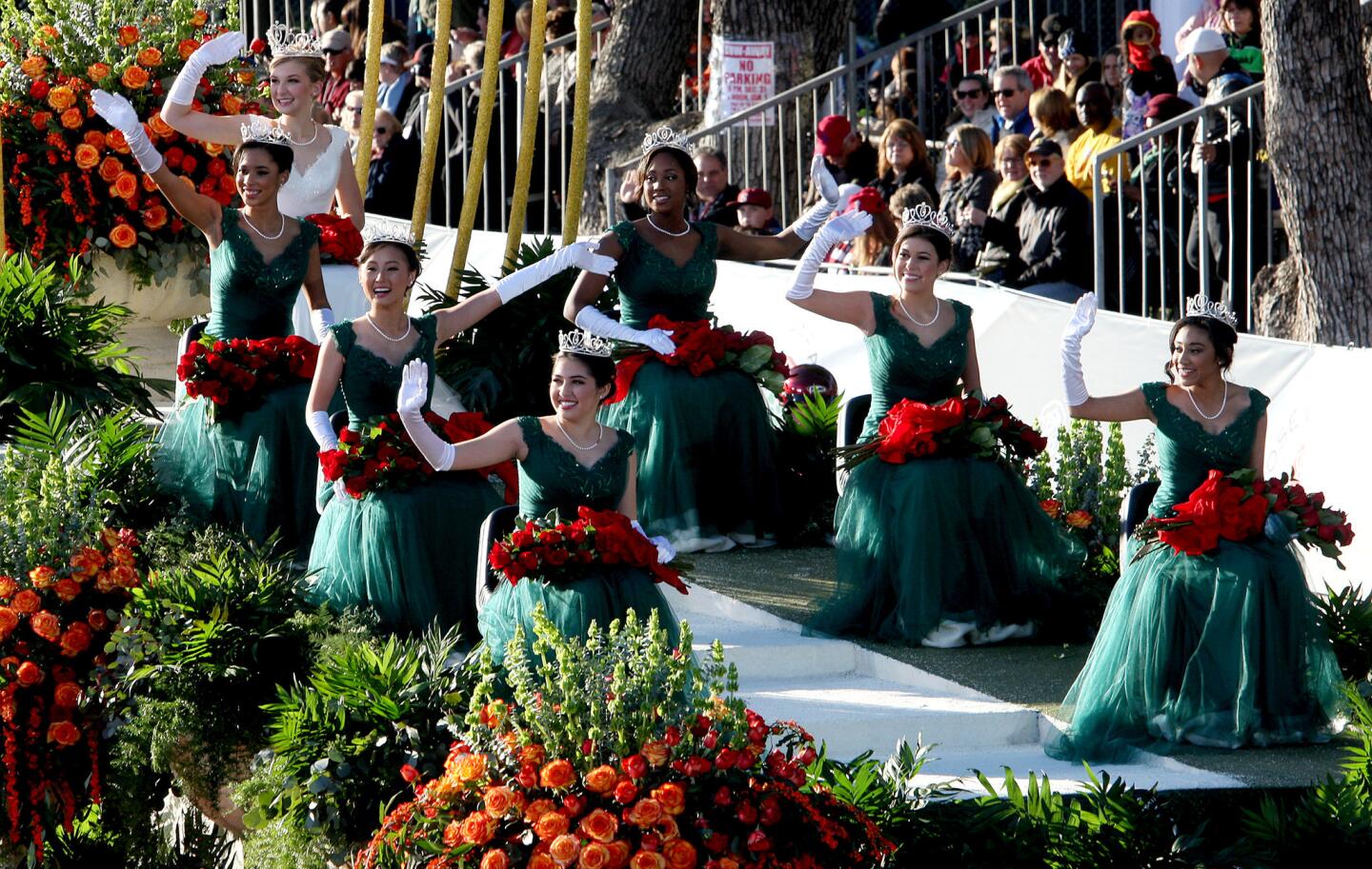 The 2016 Royal Court float with 2016 Rose Queen and Flintridge Preparatory School senior Erika Karen Winter makes its way down Orange Grove Avenue during the 2016 Rose Parade in Pasadena on Friday, Jan. 1, 2016.