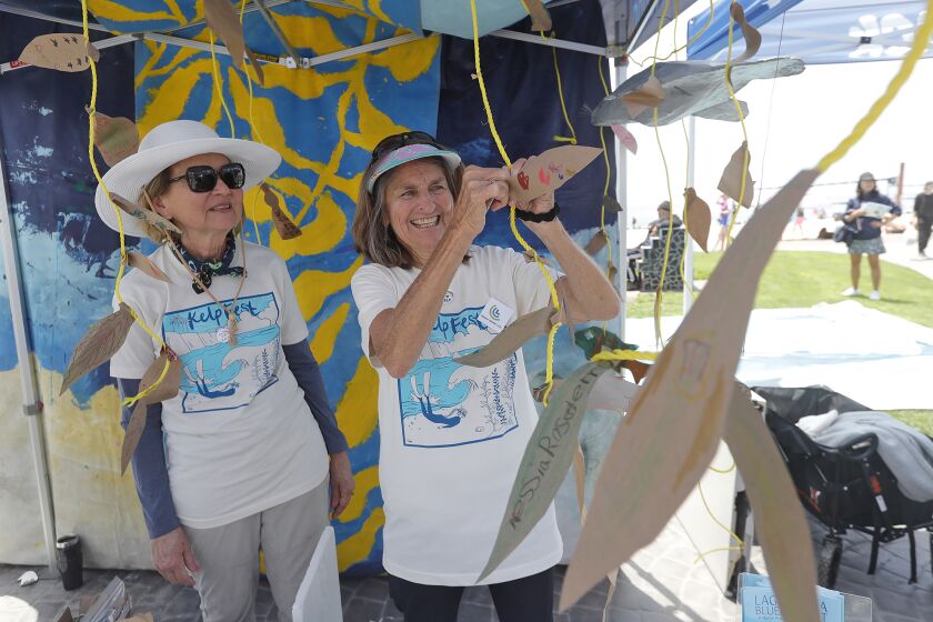Judy Teverbaugh and Susie McDuffy, from left, representing Laguna Bluebelt, tie paper fish to rope kelp during the 2023 Kelp Fest, the annual ocean awareness event hosted by the Laguna Ocean Foundation at the Main Beach cobblestone area on Saturday.