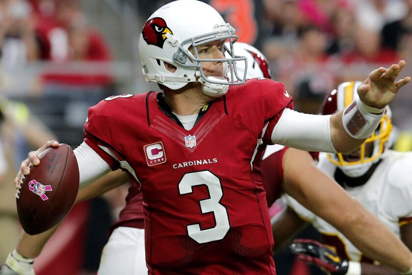 Quarterback Carson Palmer, who missed three games because of injury, is 2-0 as a starter with 554 yards passing this season after leading the Cardinals to a 30-20 victory over the Redskins last week.