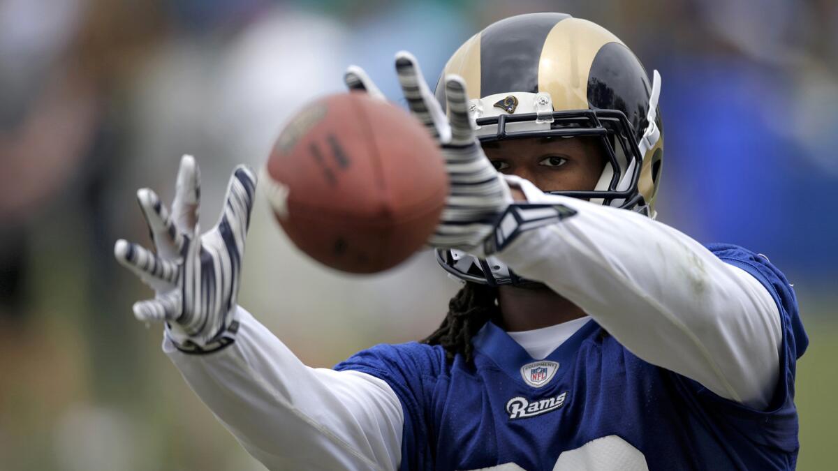 LA Rams running back Todd Gurley concentrates as he practices catching the ball at Organized Team Activities (OTA's) in Oxnard.