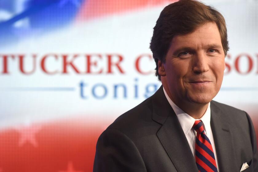 MANHATTAN, NEW YORK, OCTOBER 1, 2018 Tucker Carlson is seen in the studio on the set of his show on FOX News in Manhattan, NY. After flicking out at CNN and MSNBC, Carlson now has the most successful show on Fox News. He also has a new book that serves as a viewer guide to his show, Ship of Fools that comes out this week. 10/1/2018 Photo by Jennifer S. Altman/For The Times