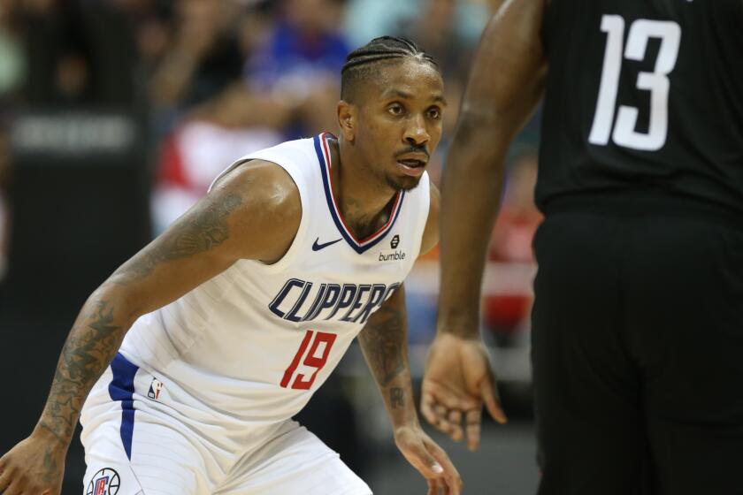 HONOLULU, HI - OCTOBER 03: Rodney McGruder #19 of the Los Angeles Clippers plays defense during the third quarter of the game against the Houston Rockets at the Stan Sheriff Center on October 3, 2019 in Honolulu, Hawaii. TO USER: User expressly acknowledges and agrees that, by downloading and/or using this photograph, user is consenting to the terms and conditions of the Getty Images License Agreement. (Photo by Darryl Oumi/Getty Images)