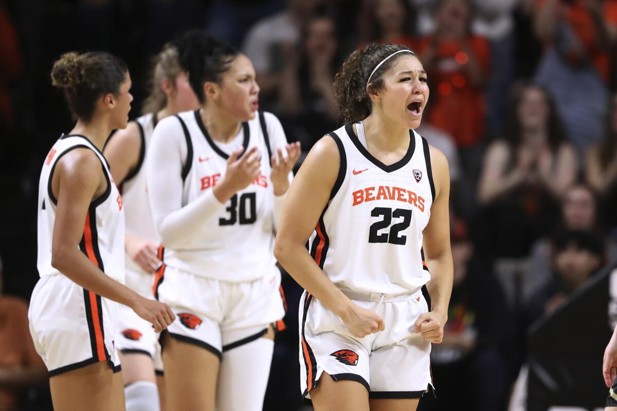 Oregon State guard Talia von Oelhoffen (22) reacts during a game against Colorado in January.