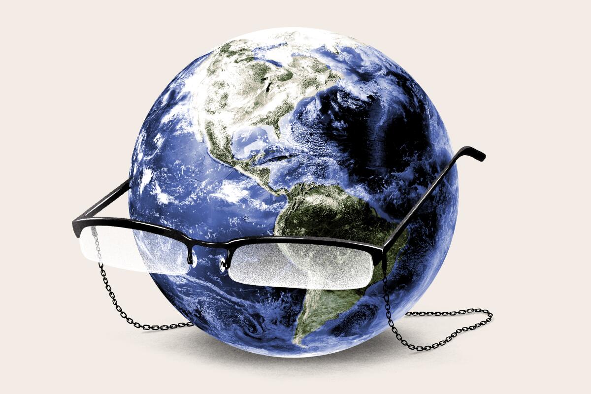 An illustration shows Earth wearing reading glasses. 
