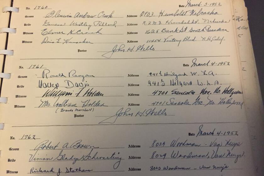 The original wedding log from March 4, 1952, at the Little Brown Church in the Valley, signed by Ronald Reagan and Nancy Davis. One of the witnesses was William Holden.