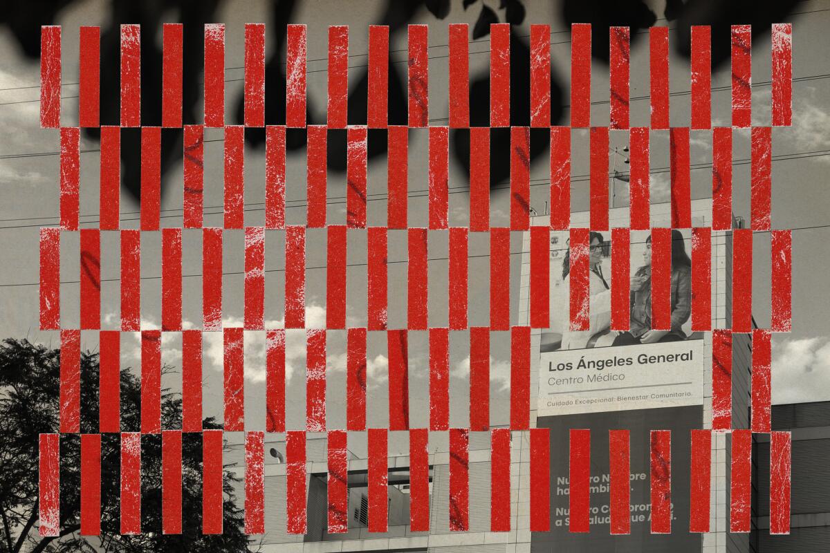 Photo illustration of a grid of red lines over a photo of L.A. General hospital.