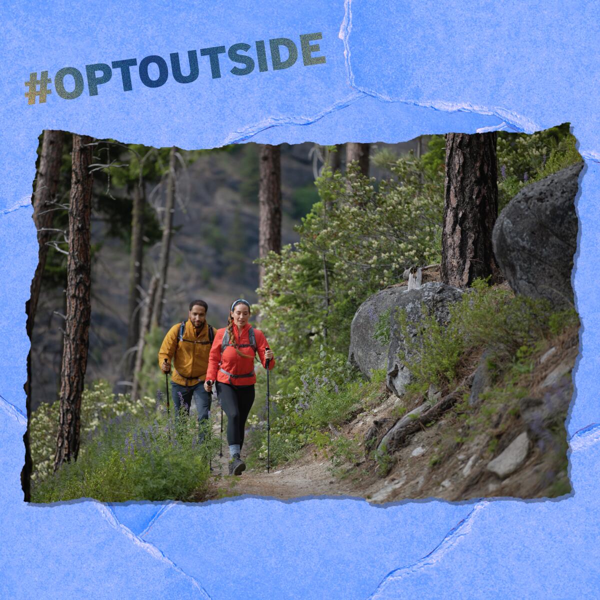 Two hikers along a path with '#optoutside' written above