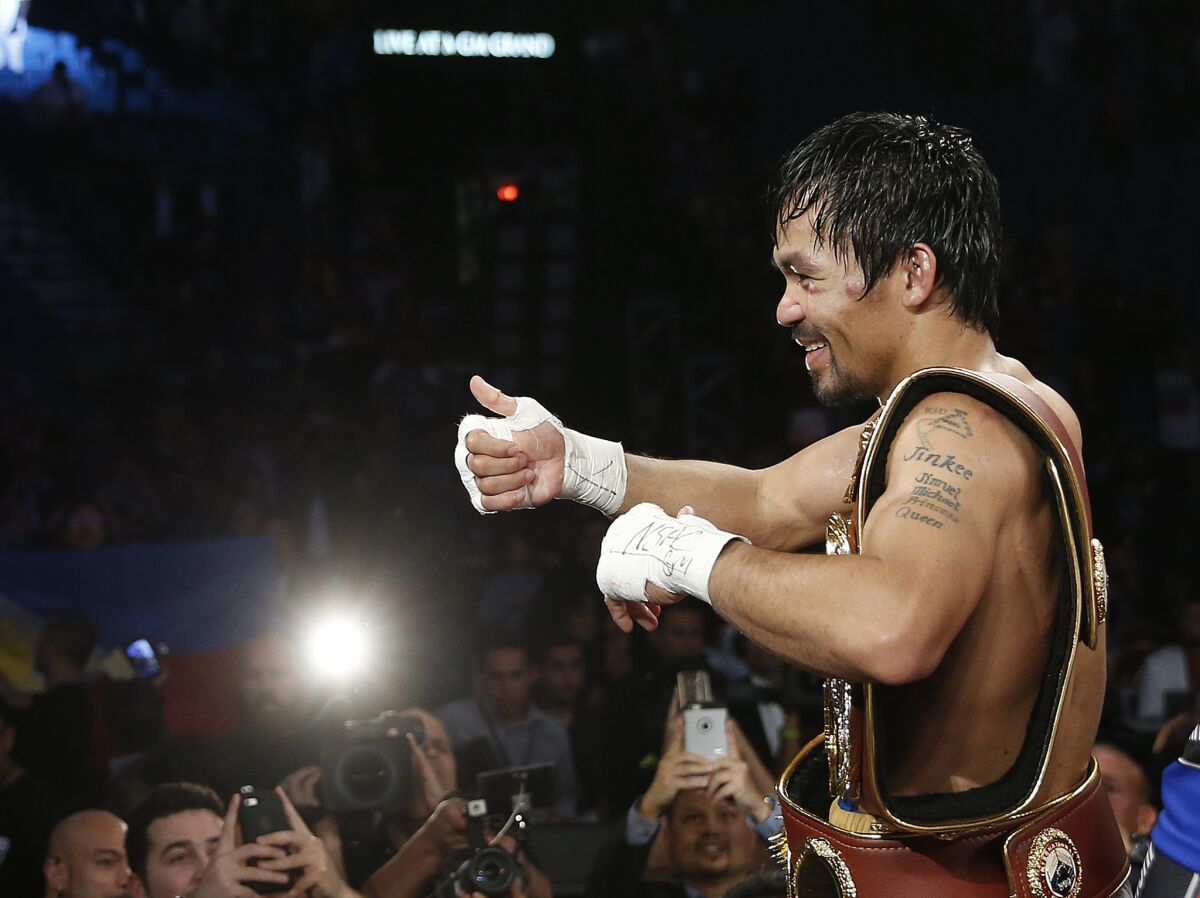 Manny Pacquiao is seeking his fourth WBO welterweight title on Saturday.