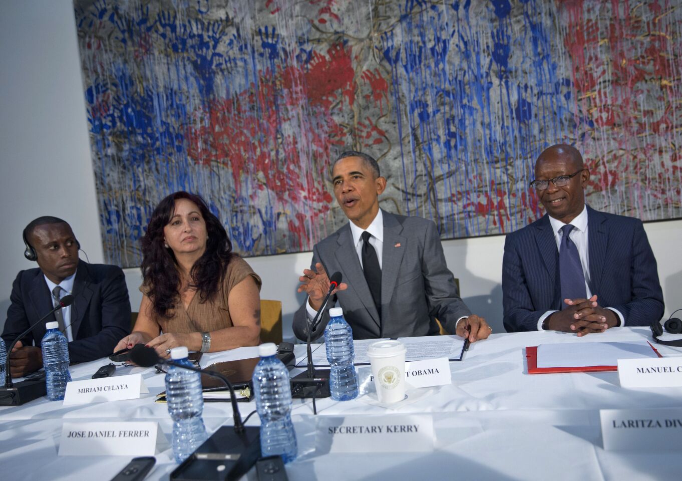 President Obama meets with dissidents and other Cubans at the U.S. Embassy in Havana. From left are Nelson Alvarez Matute, Miriam Celaya Gonzalez and Manuel Cuesta Morua.
