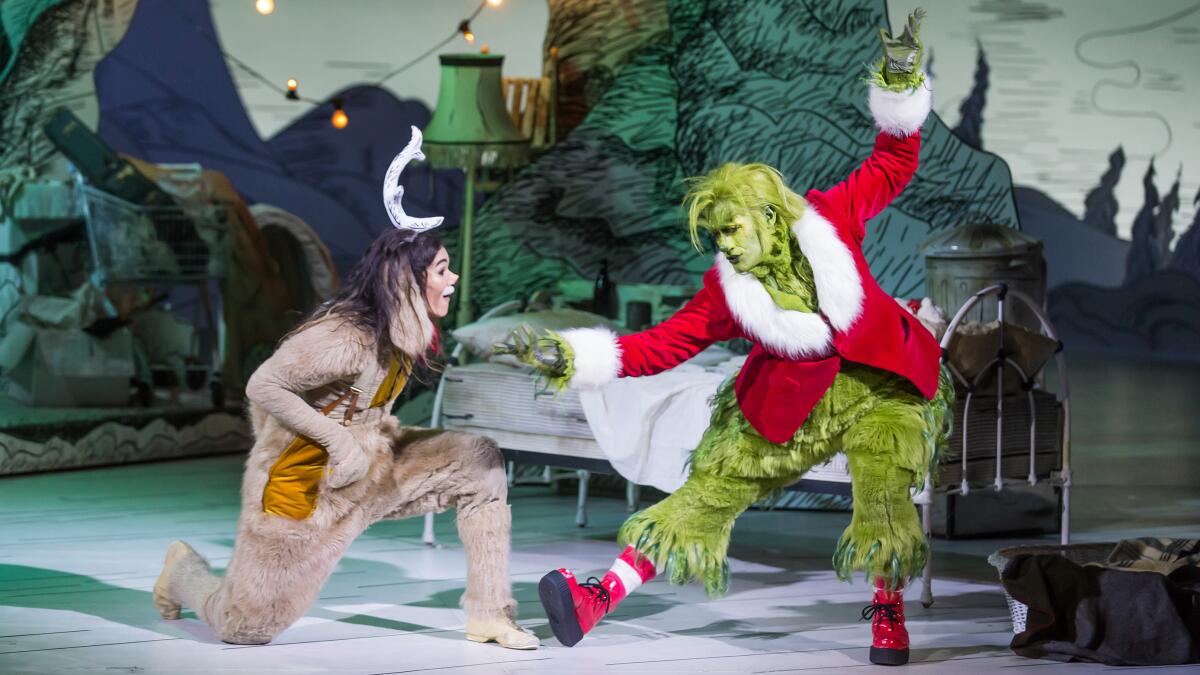 Booboo Stewart, left, and Matthew Morrison  in "Dr. Seuss' The Grinch Musical!" on NBC.