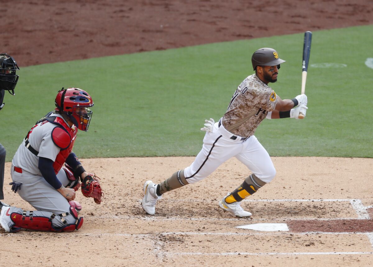 SAN DIEGO, CA - MAY 16: San Diego Padres' Ivan Castillo hits a RBI 