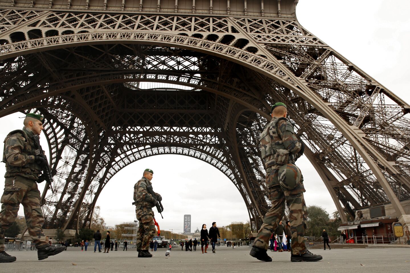 Members of the French Foreign Legion stand guard near the Eiffel Tower on Nov. 16.