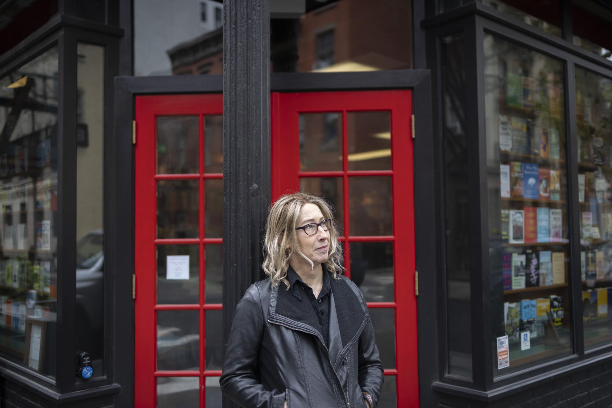 Poet and essayist Diana Goetsch in Manhattan outside a bookstore