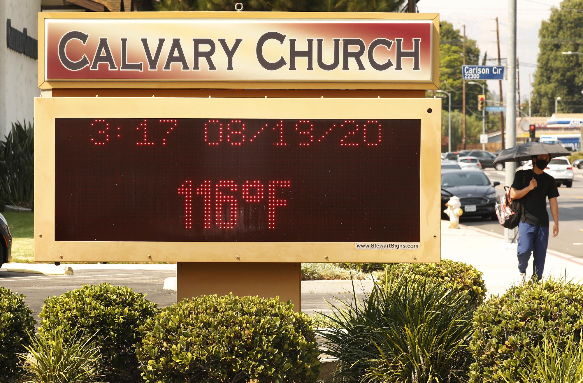 An August 202 photo shows the thermometer at Calvary Church in Woodland Hills hitting 116 degrees Fahrenheit.