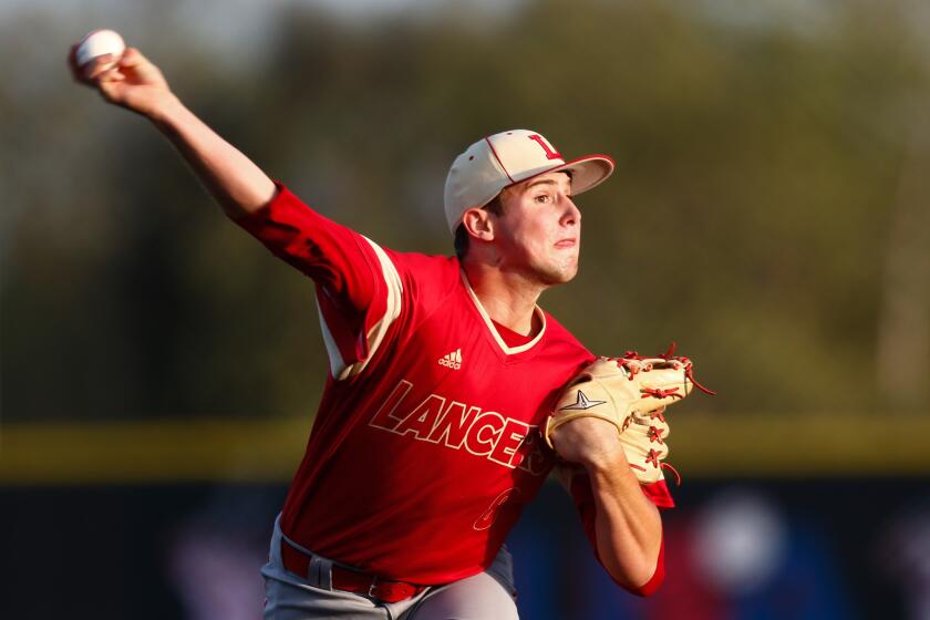 SAN JUAN CAPISTRANO, CALIF. - APRIL 09: Orange Lutheran Lancers Max Rajcic (8) pitches against the JSerra Cathoilic Lions during a high school baseball game at St. Pierre field at JSerra Catholic School on Tuesday, April 9, 2019 in San Juan Capistrano, Calif. (Kent Nishimura / Los Angeles Times)