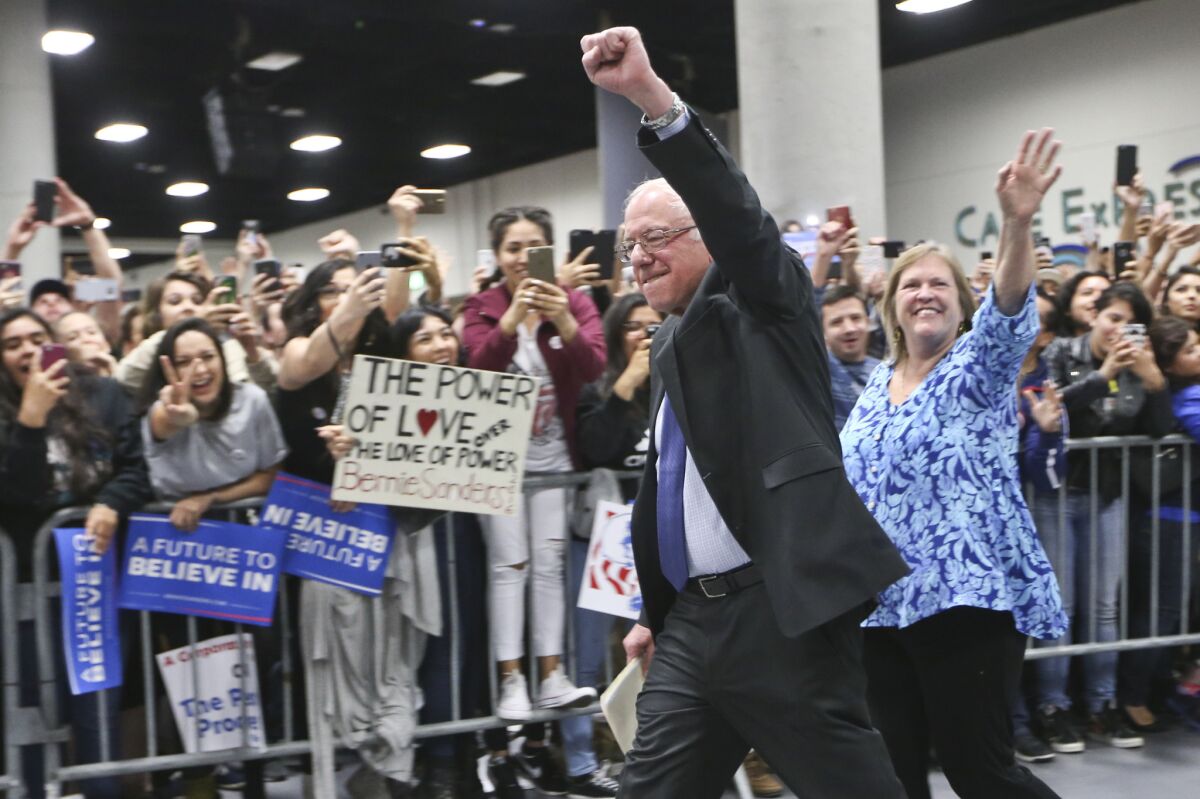 Sen. Bernie Sanders and his wife, Jane, in San Diego on Tuesday.