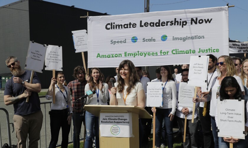 Emily Cunningham, center, at a 2019 news conference held by Amazon Employees for Climate Justice.