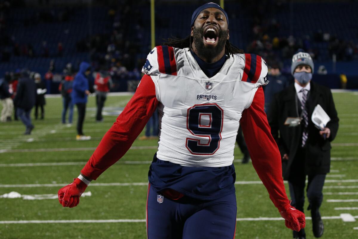FILE - New England Patriots outside linebacker Matt Judon (9) celebrates after an NFL football game against the Buffalo Bills in Orchard Park, N.Y., Dec. 6, 2021. Judon won over his Patriots teammates and fanbase last season with his outsized personality and ability to cause disruption for opposing quarterbacks. (AP Photo Jeffrey T. Barnes, File)