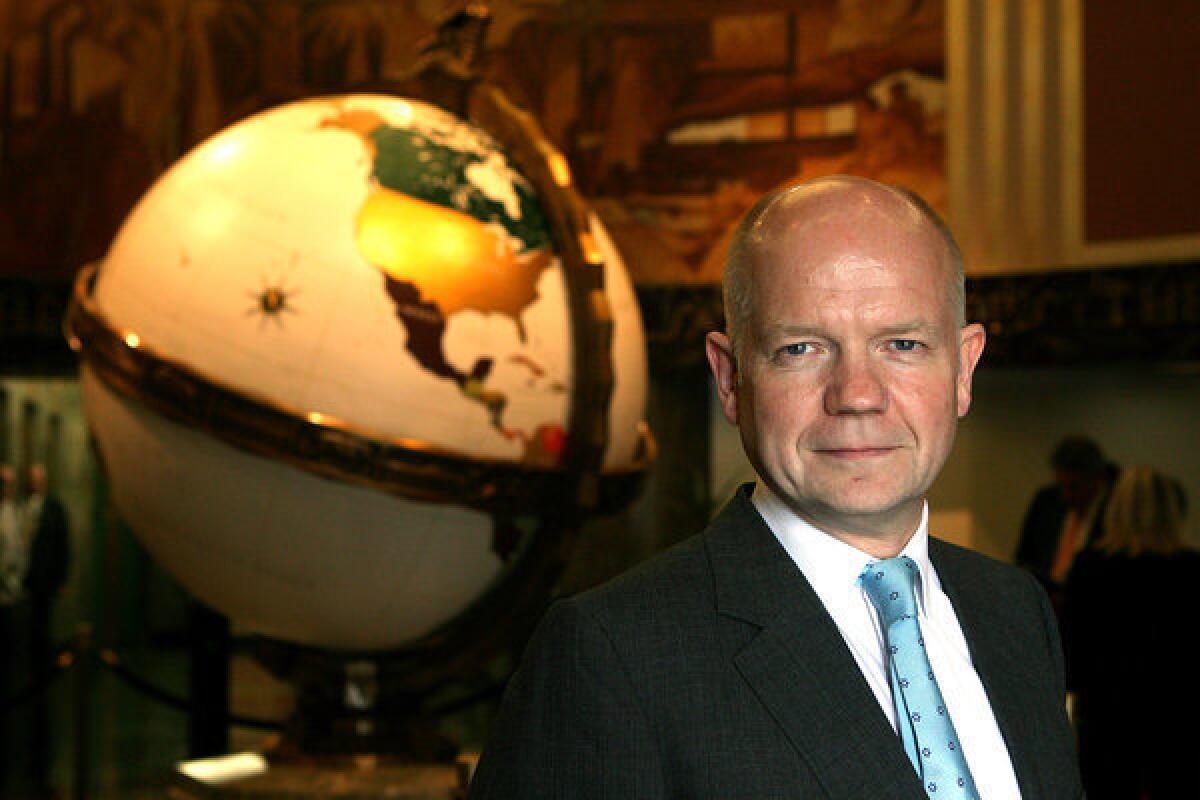 British Foreign Secretary William Hague in the Globe Lobby of the Los Angeles Times. Hague has been on a U.S. tour this week to promote British business and the country's "soft power" focus in diplomacy.