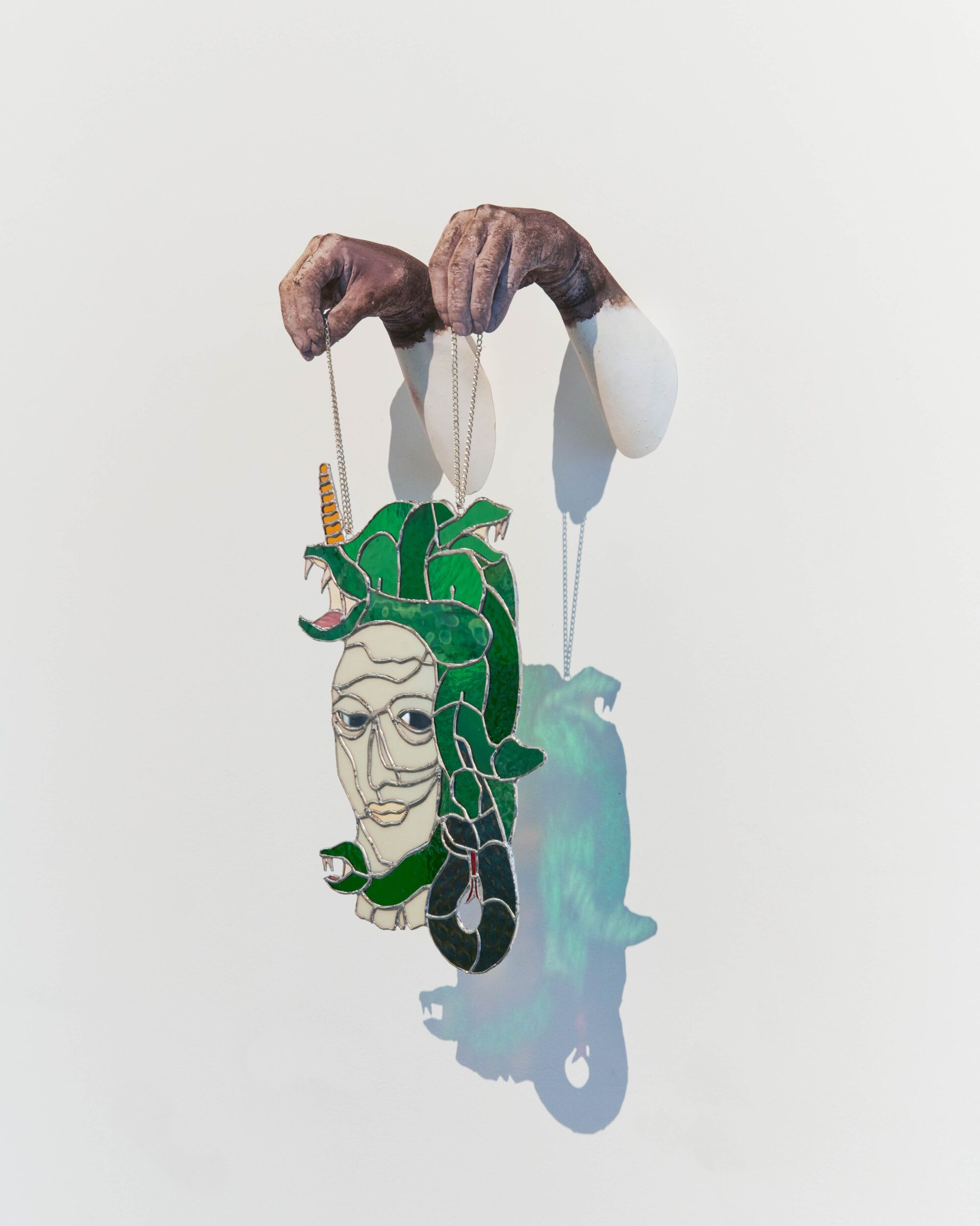 Timo Fahler alter ego series - Medusa, 2021 plaster, stained glass, mirror, dye, chain, twine 24"H x 14"W x 10"D
