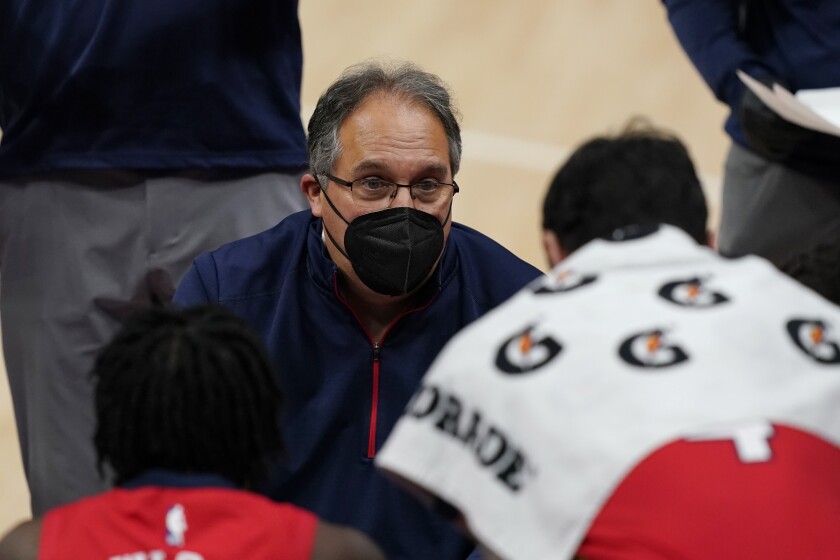 New Orleans Pelicans head coach Stan Van Gundy talks to the team during the first half of an NBA basketball game against the Detroit Pistons, Sunday, Feb. 14, 2021, in Detroit. (AP Photo/Carlos Osorio)