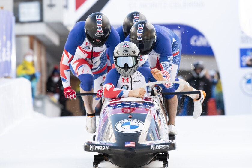 Hunter Church of USA and team in action during the Men's 4-Bob World Cup in St. Moritz, Switzerland,, on Sunday Jan. 16, 2022. (Mayk Wendt/Keystone via AP)