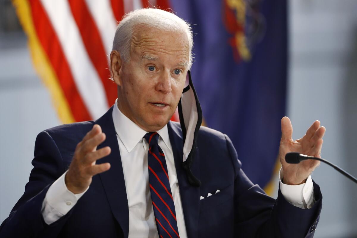 Democratic presidential candidate Joe Biden speaks during a roundtable on economic reopening in Philadelphia on Thursday.