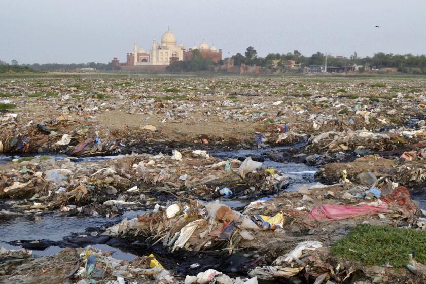 In this Friday, May 11, 2018 photo, garbage covers the area by the Yamuna river near the Taj Mahal in Agra, India. Built by Mogul Emperor Shah Jahan for his favorite wife in the north Indian city of Agra, the Taj Mahal has been losing its sheen for years. The shining white monument to love is turning a little green and yellow because of air pollution and swarms of insects. (AP Photo/Pawan Sharma)