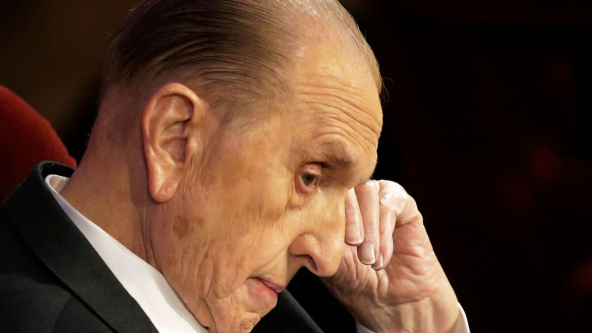 Thomas S. Monson, as president of the Church of Jesus Christ of Latter-day Saints, attends the memorial service for Mormon leader Boyd K. Packer at the Tabernacle in 2015.