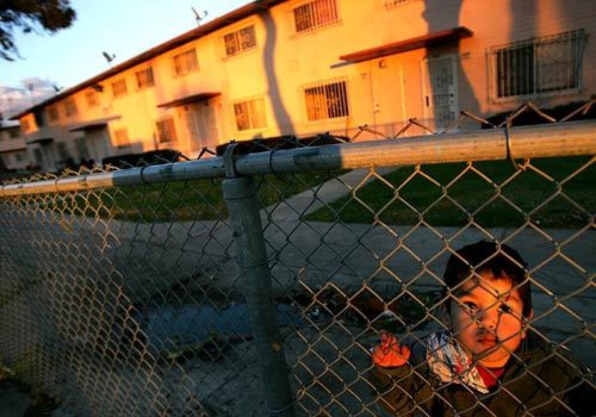 A child looks through a chain-link fence outside an apartment building.
