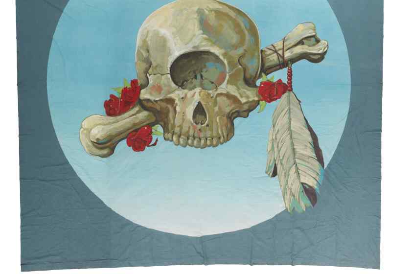 A painting of a skull with a bone and a red rose through it